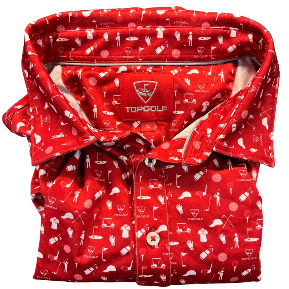 Topgolf Mens XL Polo Shirt Red White Novelty Golf Images Print Performance‎